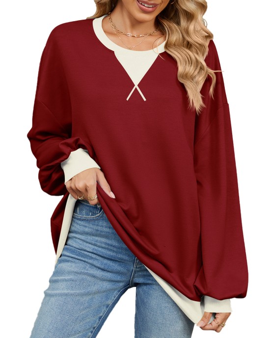 Autumn and winter contrasting round neck loose long sleeved sweatshirt jacket for women