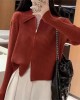 Solid Color Simple Soft Ankora Red Knit Sweater Casual Jacket Women Premium American Polo Neck Zipper Sweater