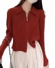 Solid Color Simple Soft Ankora Red Knit Sweater Casual Jacket Women Premium American Polo Neck Zipper Sweater