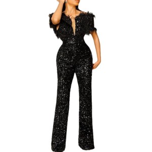 New spring and summer women's jumpsuit V-neck feather sequins Slim waist dress