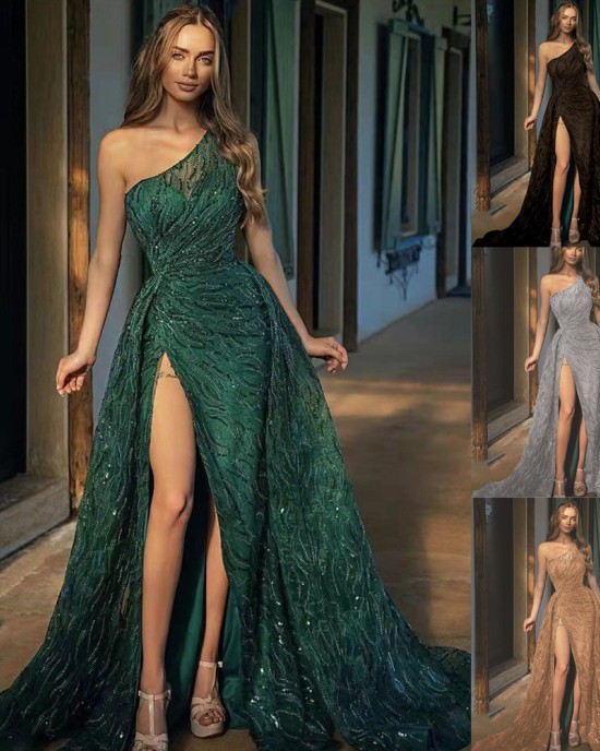 2024 Spring and Summer New Women's Slant Shoulder Split Long Dress Toast Dress Dress Sequins Sling Evening Gowns