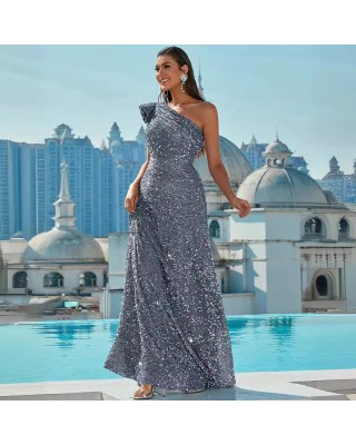 2024 New Sequins Slant Shoulder Backless Sleeveless Long Prom Sequins Silver Swing Dresses Evening Gowns