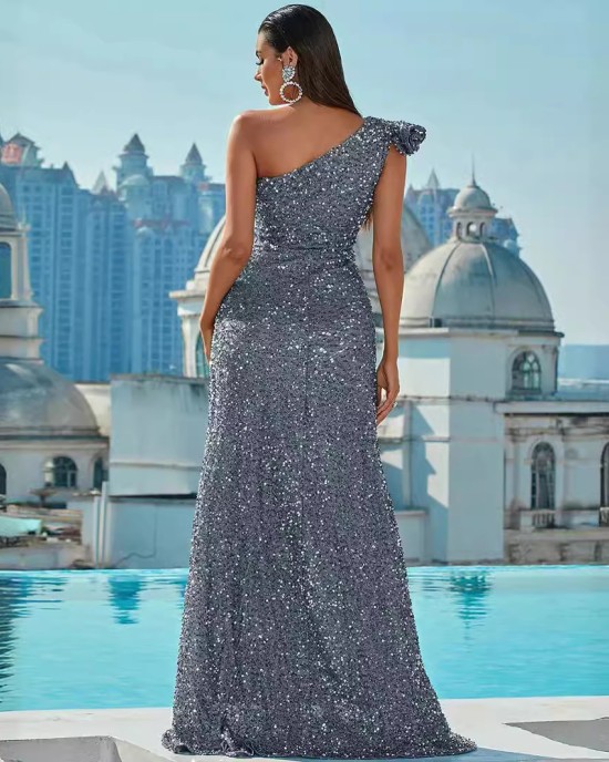 2024 New Sequins Slant Shoulder Backless Sleeveless Long Prom Sequins Silver Swing Dresses Evening Gowns