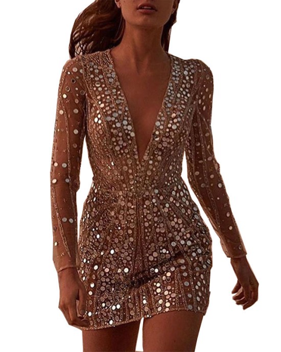 2024 Sexy Deep V See-through Sequins Package Hip Dress Long Sleeve Evening Gowns