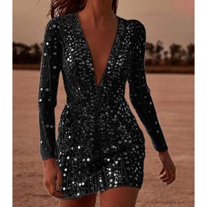 2024 Sexy Deep V See-through Sequins Package Hip Dress Long Sleeve Evening Gowns