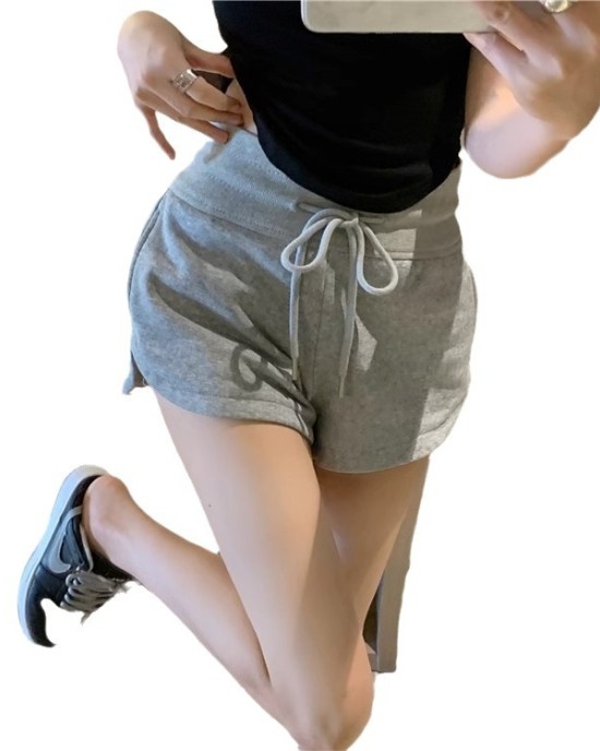 Gray Cotton Athletic Casual Shorts Women's Summer a-line High Waist Loose Wide Leg Beach Hot Pants