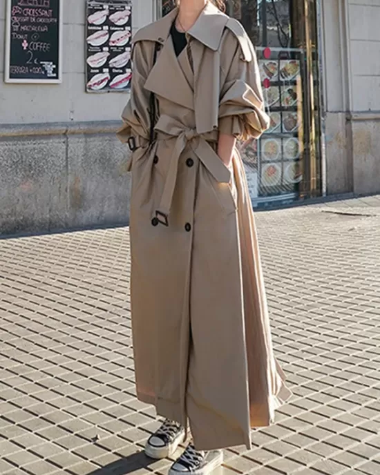 Split-Back Tied Waist Long Sleeves Loose Lapel Trench Coats Outerwear