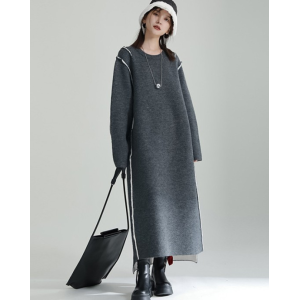 Round-Neck Casual Long Sleeves Loose Solid Color  Sweater Dresses