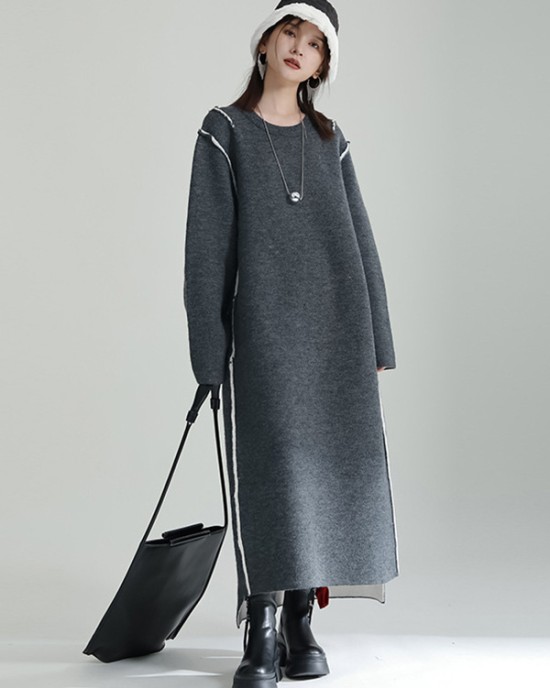 Round-Neck Casual Long Sleeves Loose Solid Color  Sweater Dresses