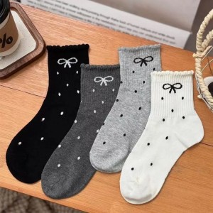 Cross Pod Cuff Stretch Mid Calf Socks Polka Dot Bow Socks Women Spring and Autumn