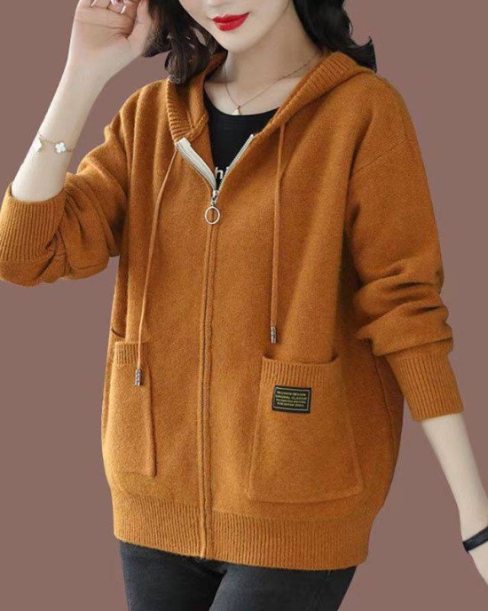 [Special Offers] Hooded sweater cardigan jacket for women's autumn wear 2024 new style fashionable outer zipper hooded knitted sweater top