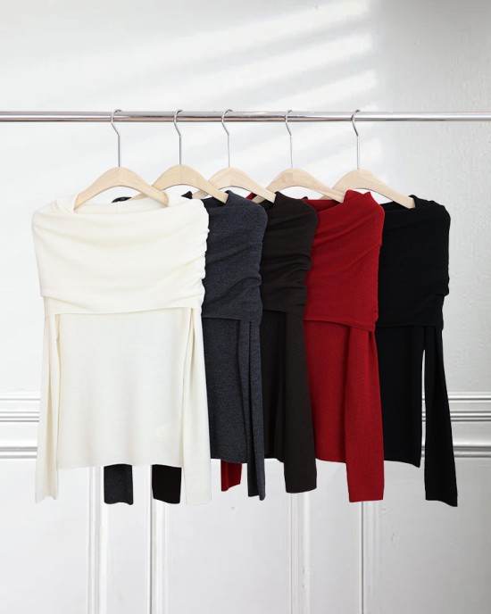 [Special Offers] Gentle style one shoulder Yangtze yarn knitted sweater for women in autumn, slim fit, high-end feeling, pleated off shoulder top