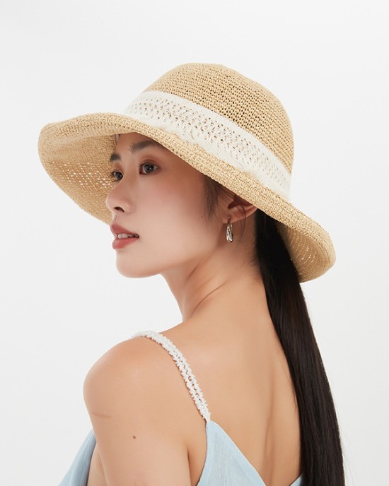 Hand-woven solid crocheted straw hat summer outdoor sun protection foldable sun hat leisure beach fisherman's hat