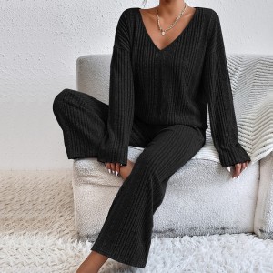 Autumn and winter women's homewear suit long-sleeved long pants two-piece set of ribbed warm home