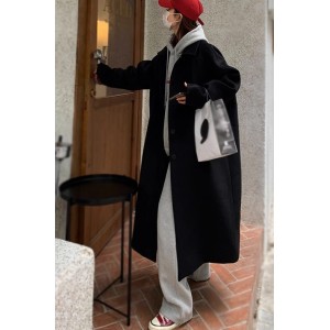 Black woolen coat jacket 2023 autumn/winter new Korean version loose knee length thickened girl's woolen coat jacket