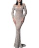 2024 Spring New Women's Hot Gold Long Sleeve Slim Sexy Long Dresses Banquet Evening Gowns