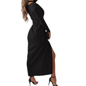 Sexy V-neck solid color long sleeve slit dress