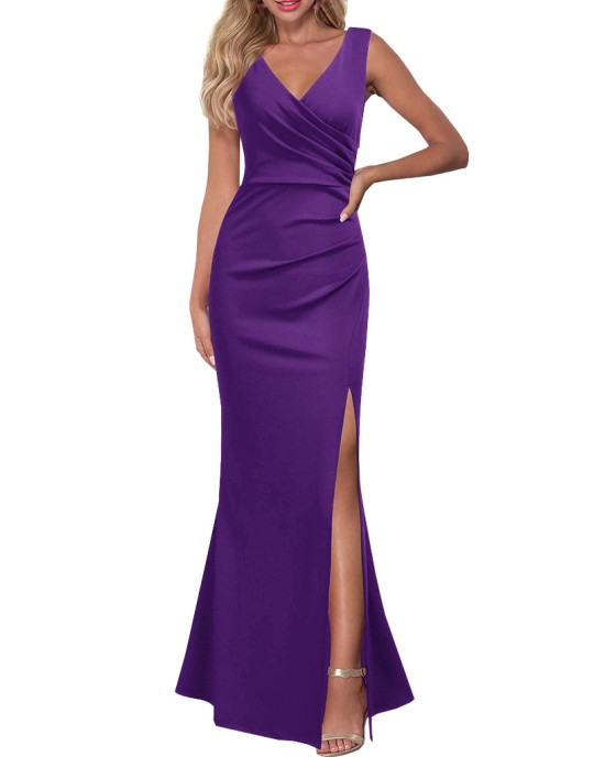 Sexy V-neck fashion solid color slim slit dress