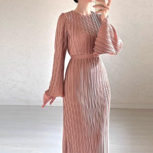 Fall New Fashion Round Neck Flared Sleeve Threaded Long Sleeve Package Hip Dress Long Dress