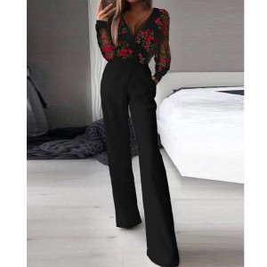 Waist simple stitching printing short sleeve long sleeve fashion tight slim jumpsuit