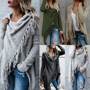 Autumn and winter oversized women's tassel knitted sweater jacket