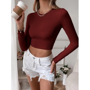 2024 Women's Sexy Backless Casual Short Slim Knit Long Sleeve T-shirt Top Bottom Outer Wear