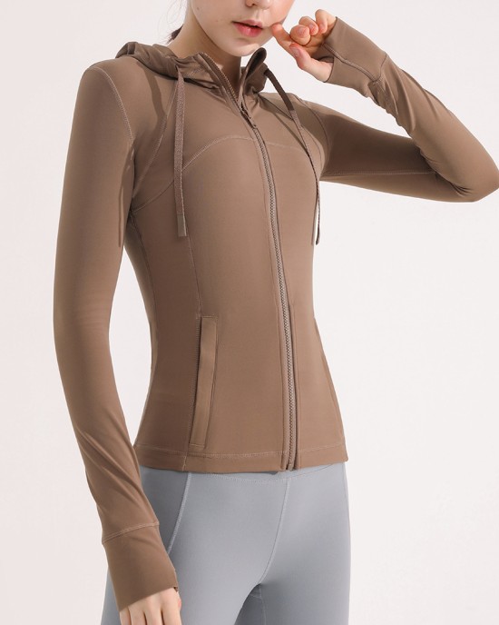 Nude feeling matte yoga suit jacket for women's running, quick drying, breathable, slimming and tight fitting hooded fitness suit top